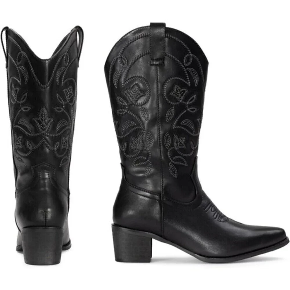 ⭐ IUV Women's Cowboy Boots | Western Embroidered Pointy Toe Mid-Calf Boots